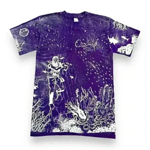 VTG 90s COZUME MEXICO All Over Prints T-shirt Seafloor Frogman Single Stitch XL - Picture 1 of 11